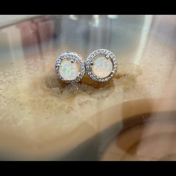 Sterling silver opal stud earrings cubic zirconia pave round halo earrings - Picture 3 of 7